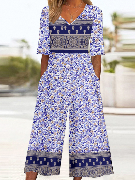 Damen 3d Drucken V-Ausschnitt Halbarm Retro Sommer Jumpsuit