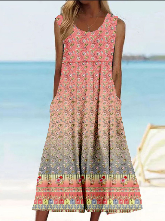 Damen Ethnisch Ärmellos Sommer Kleid Rundhals Täglich Retro Maxikleid Tanktop A-Linien-Kleid