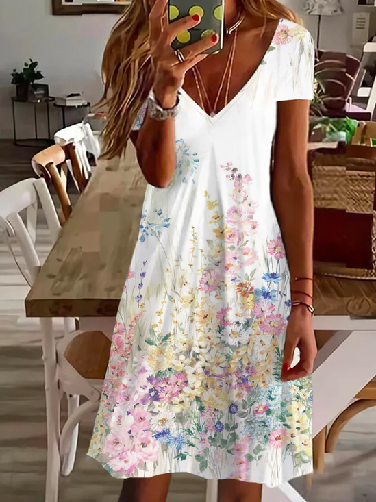 Damen Geblümt Kurzarm Sommer Print Kleid V-Ausschnitt Täglich Lässig Knielänge T-Shirt-Kleid H-Linie Kleid