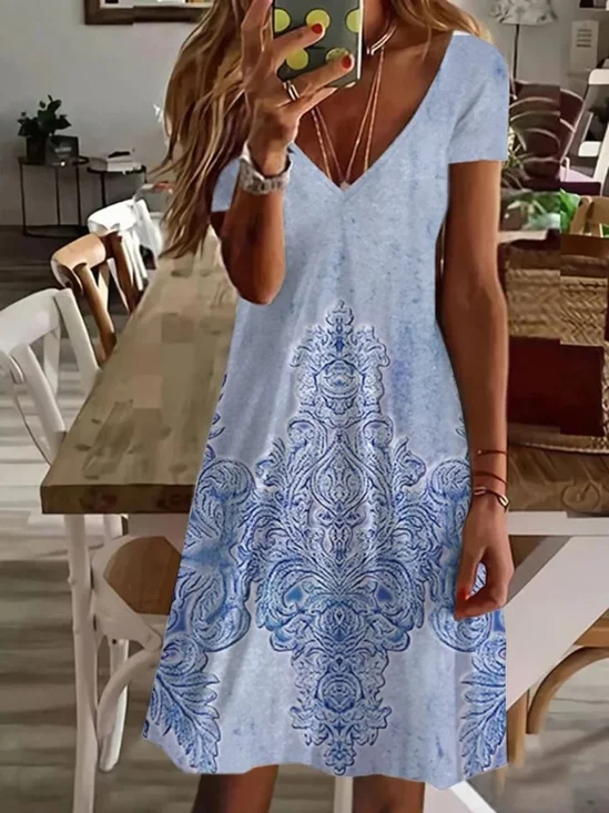 Damen Geblümt Kurzarm Sommer Print Kleid V-Ausschnitt Täglich Lässig Knielänge T-Shirt-Kleid H-Linie Kleid