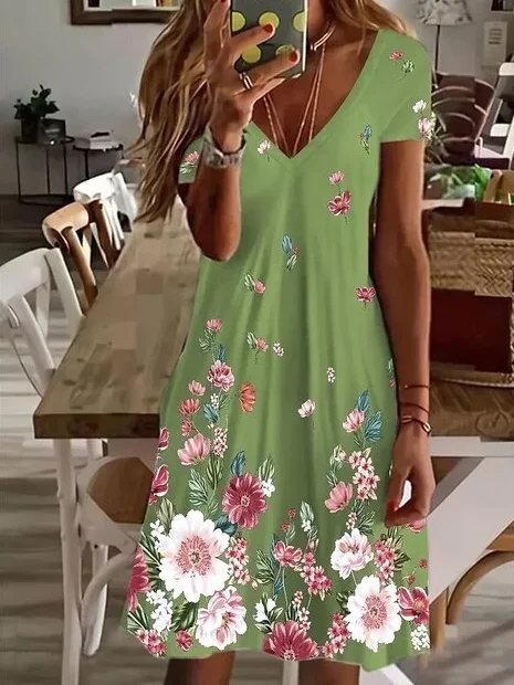 Damen Geblümt Kurzarm Sommer Print Kleid V-Ausschnitt Täglich Lässig Knielänge T-Shirt-Kleid H-Linie Kleid