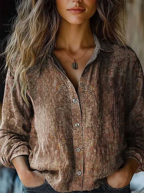 Damen Langarm Bluse Frühling/Herbst Geblümt Hemdkragen Täglich Ausgehen Retro Oberteile
