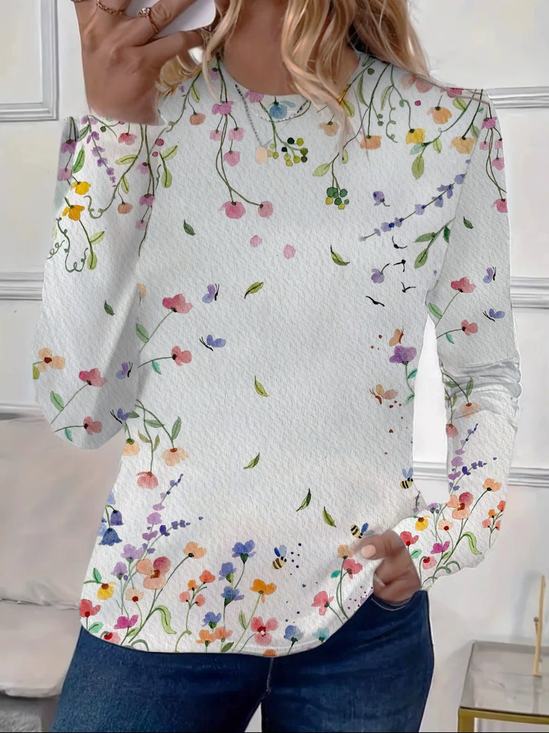 Damen Geblümt Langarm T-Shirts T-Shirt Rundhals Print Lässig Frühling/Herbst T-Shirt mit Grafik Oberteile