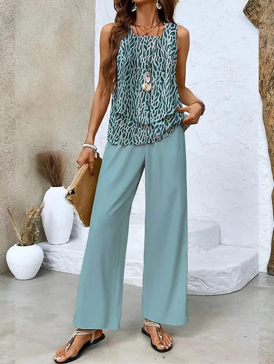 Damen Geometrisch Print Zweiteiliges Set Täglich Ärmellos Lässig Sommer Bluse mit Hose Matching Set