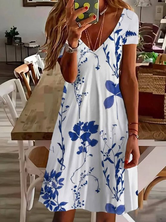 Damen Geblümt Kurzarm Sommer Print Kleid V-Ausschnitt Täglich Lässig Knielänge T-Shirt-Kleid H-Linie Kleid