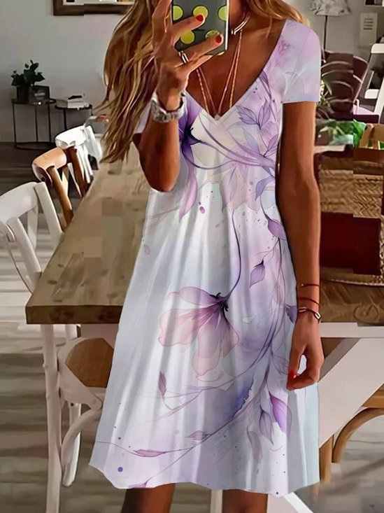 Damen Geblümt Kurzarm Sommer Print Kleid V-Ausschnitt Täglich Lässig Knielänge T-Shirt-Kleid H-Linie Kleid