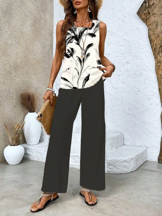 Damen Geblümt Print Zweiteiliges Set Täglich Ärmellos Lässig Sommer Bluse mit Hose Matching Set