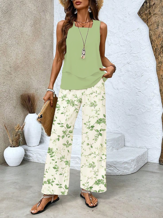 Damen Geblümt Print Zweiteiliges Set Täglich Ärmellos Lässig Sommer Bluse mit Hose Matching Set