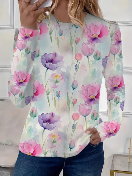 Damen Geblümt Langarm T-Shirts T-Shirt Rundhals Print Lässig Frühling/Herbst T-Shirt mit Grafik Oberteile