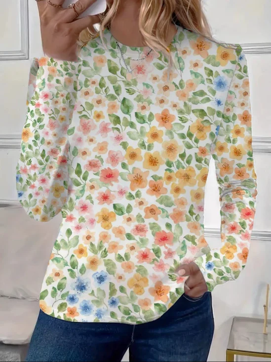 Damen Geblümt Langarm T-Shirts T-Shirt Rundhals Print Lässig Frühling/Herbst T-Shirt mit Grafik Oberteile
