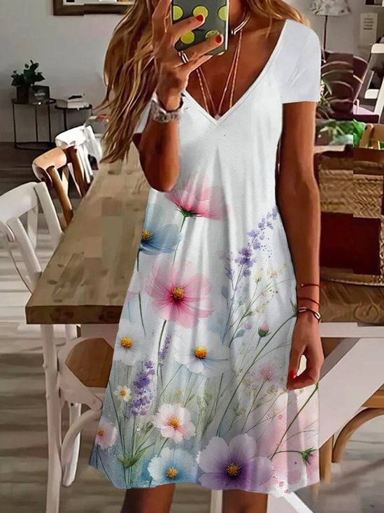 Damen Geblümt Kurzarm Sommer Print Kleid V-Ausschnitt Täglich Lässig Knielänge T-Shirt-Kleid H-Linie Kleid