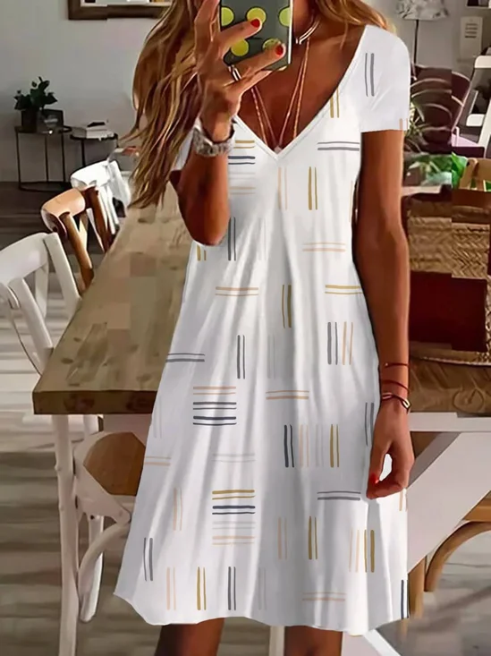 Damen Gestreift Kurzarm Sommer Print Kleid V-Ausschnitt Täglich Lässig Knielänge T-Shirt-Kleid H-Linie Kleid