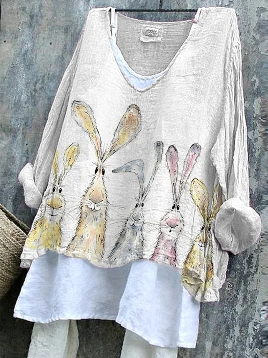 Damen OSTERN (Kaninchen) Langarm Bluse_ Frühling/Herbst Print V-Ausschnitt Täglich Lässig Oberteile