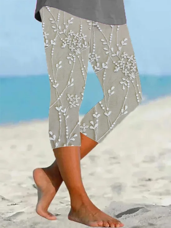 Damen Geblümt Caprihosen Elastische Taille Hose Lässig Sommer Hose