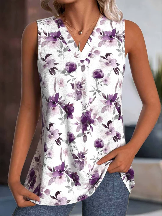 Damen Ärmellos Tanktop Oberteile Leibchen Sommer Geblümt V-Ausschnitt Täglich Lässig Oberteile