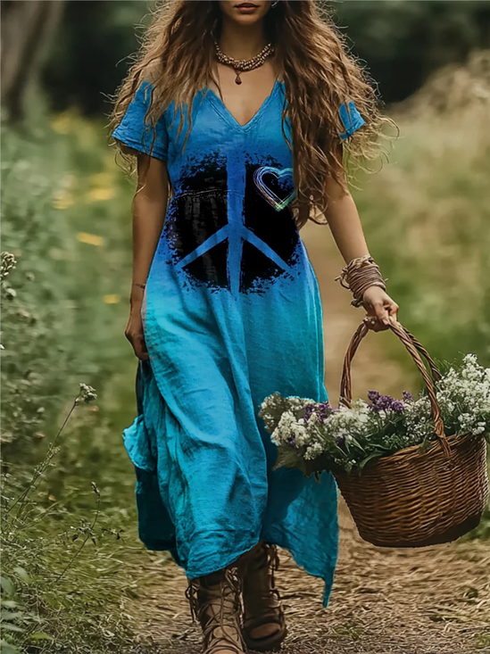 Damen Geometrisch Kurzarm Sommer Kleid V-Ausschnitt Täglich Retro Maxikleid A-Linien-Kleid