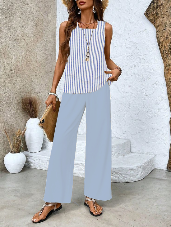Damen Gestreift Print Zweiteiliges Set Täglich Ärmellos Lässig Sommer Bluse mit Hose Matching Set