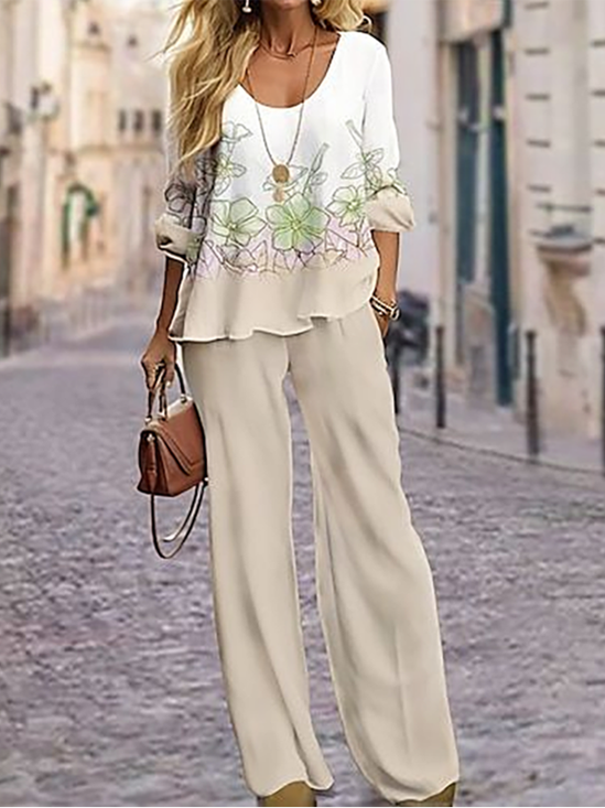 Damen Geblümt Print Zweiteiliges Set Täglich Langarm Lässig Frühling/Herbst Bluse mit Hose Matching Set