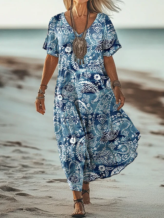 Damen Paisley Kurzarm Sommer Kleid V-Ausschnitt Täglich Retro Maxikleid A-Linien-Kleid