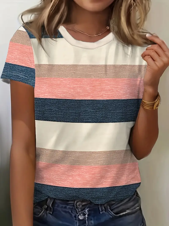 Damen Gestreift Kurzarm T-Shirts T-Shirt Rundhals Print Lässig Sommer T-Shirt mit Grafik Oberteile