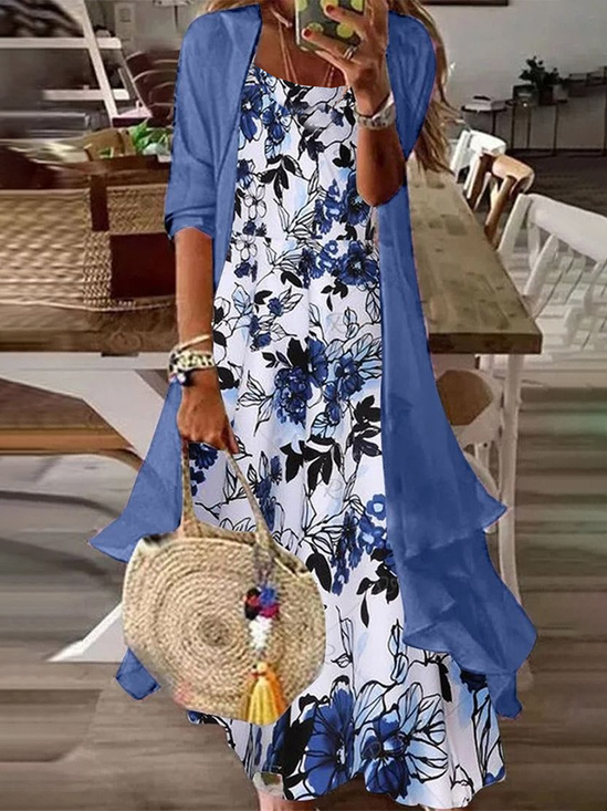 Damen Geblümt Print Zweiteiliges Set Täglich Dreiviertelärmel Lässig Frühling/Herbst Mantel mit Rock Matching Set
