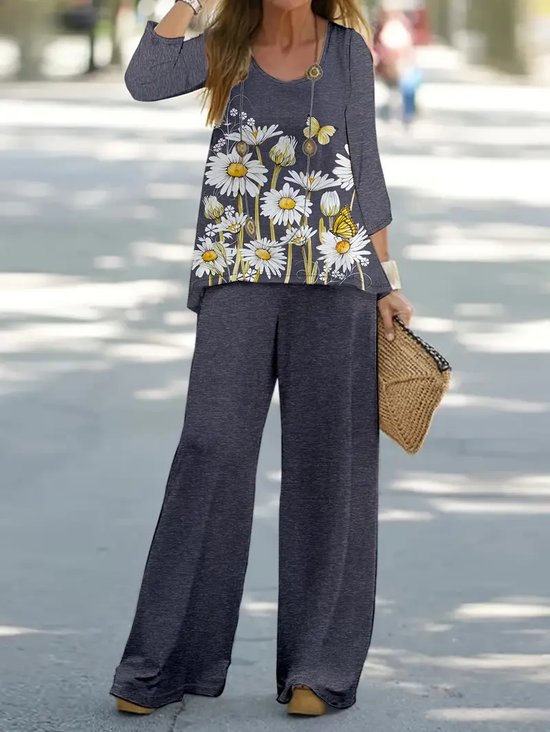 Damen Geblümt Print Zweiteiliges Set Täglich Langarm Lässig Frühling/Herbst Bluse mit Hose Matching Set
