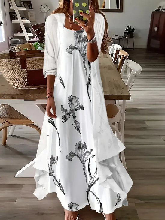 Damen Geblümt Print Zweiteiliges Set Täglich Dreiviertelärmel Lässig Frühling/Herbst Mantel mit Rock Matching Set