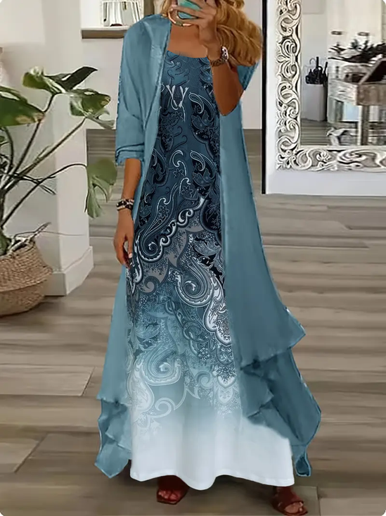 Damen Geblümt Print Zweiteiliges Set Täglich Dreiviertelärmel Lässig Frühling/Herbst Mantel mit Rock Matching Set