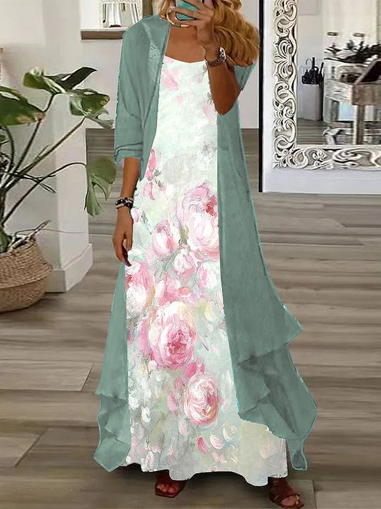 Damen Geblümt Print Zweiteiliges Set Täglich Dreiviertelärmel Lässig Frühling/Herbst Mantel mit Rock Matching Set
