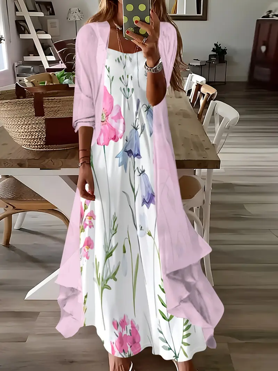 Damen Geblümt Print Zweiteiliges Set Täglich Dreiviertelärmel Lässig Frühling/Herbst Mantel mit Rock Matching Set