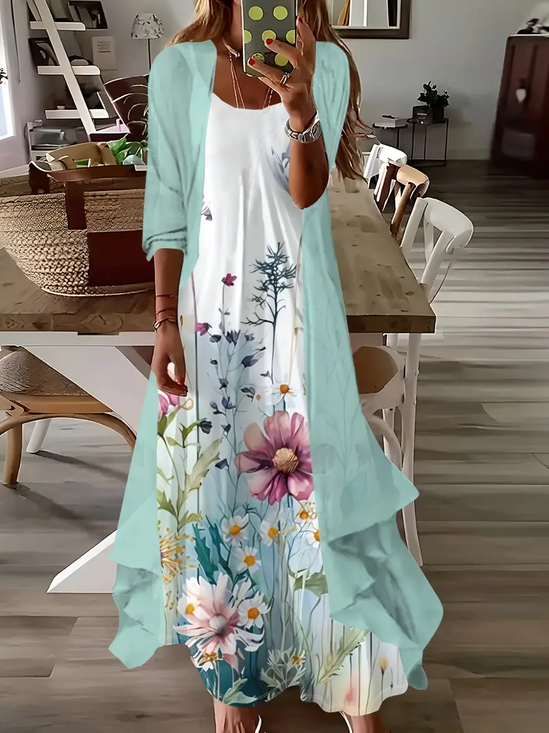 Damen Geblümt Print Zweiteiliges Set Täglich Dreiviertelärmel Lässig Frühling/Herbst Mantel mit Rock Matching Set