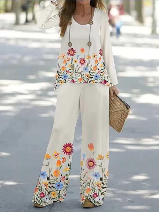 Damen Geblümt Print Zweiteiliges Set Täglich Langarm Lässig Frühling/Herbst Bluse mit Hose Matching Set