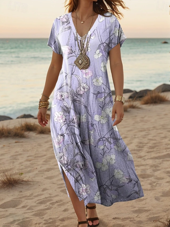 Damen Geblümt Kurzarm Sommer Kleid V-Ausschnitt Täglich Lässig Maxikleid A-Linien-Kleid