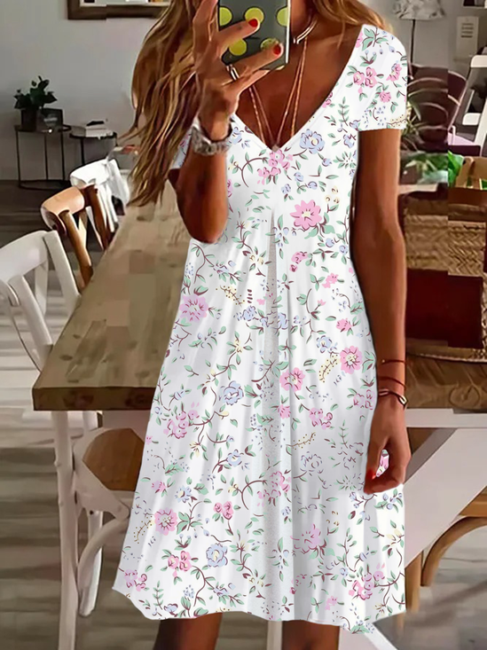 Damen Geblümt Kurzarm Sommer Print Kleid V-Ausschnitt Täglich Lässig Knielänge T-Shirt-Kleid H-Linie Kleid