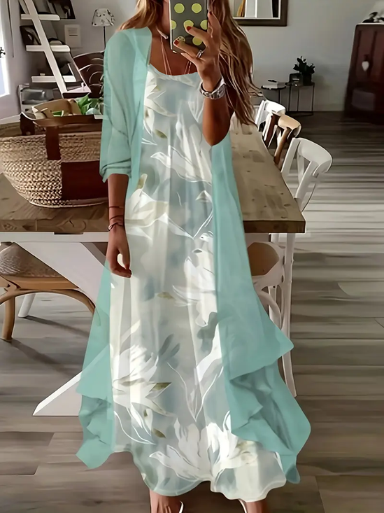 Damen Geblümt Print Zweiteiliges Set Täglich Dreiviertelärmel Lässig Frühling/Herbst Mantel mit Rock Matching Set
