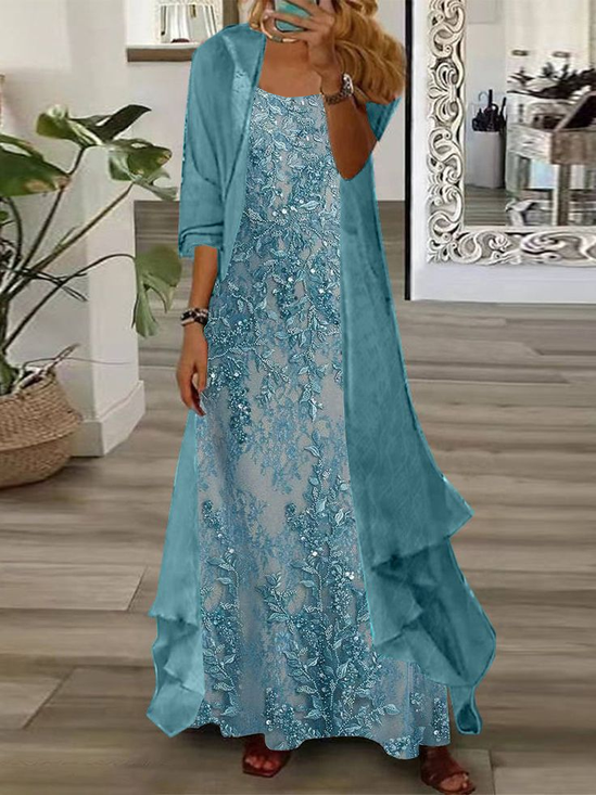Damen Geblümt Print Zweiteiliges Set Täglich Dreiviertelärmel Lässig Frühling/Herbst Mantel mit Rock Matching Set