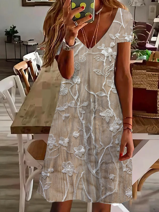 Damen Geblümt Kurzarm Sommer Print Kleid V-Ausschnitt Täglich Lässig Knielänge T-Shirt-Kleid H-Linie Kleid