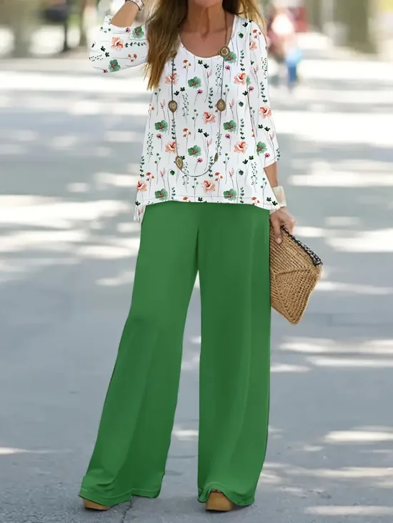 Damen Geblümt Print Zweiteiliges Set Täglich Langarm Lässig Frühling/Herbst Bluse mit Hose Matching Set