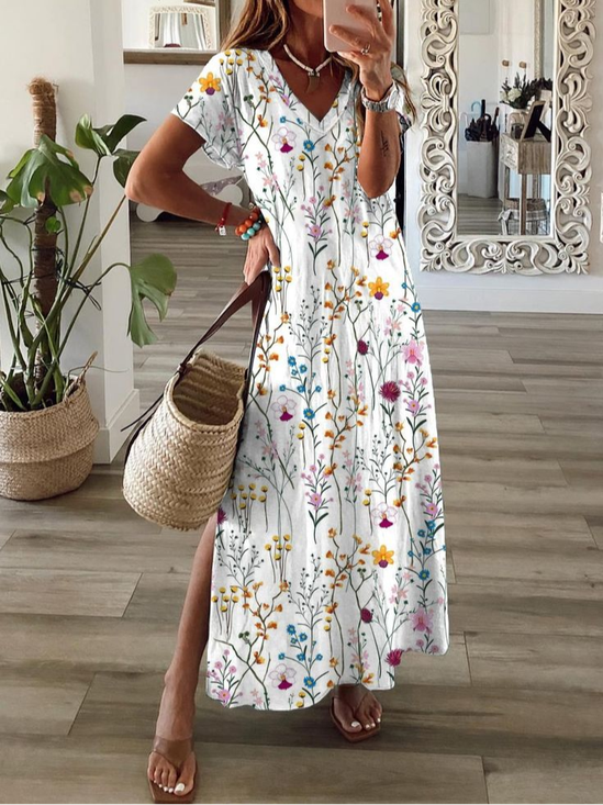 Damen Geblümt Kurzarm Sommer Print Kleid V-Ausschnitt Täglich Lässig Maxikleid X-Linie Kleid