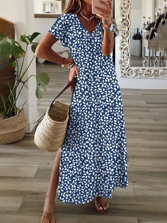 Damen Geblümt Kurzarm Sommer Print Kleid V-Ausschnitt Täglich Lässig Maxikleid X-Linie Kleid