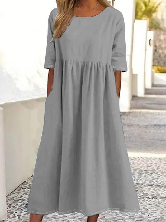 Damen Unifarben Halbarm Sommer Kleid Rundhals Täglich Lässig Maxikleid Blusenkleid A-Linien-Kleid