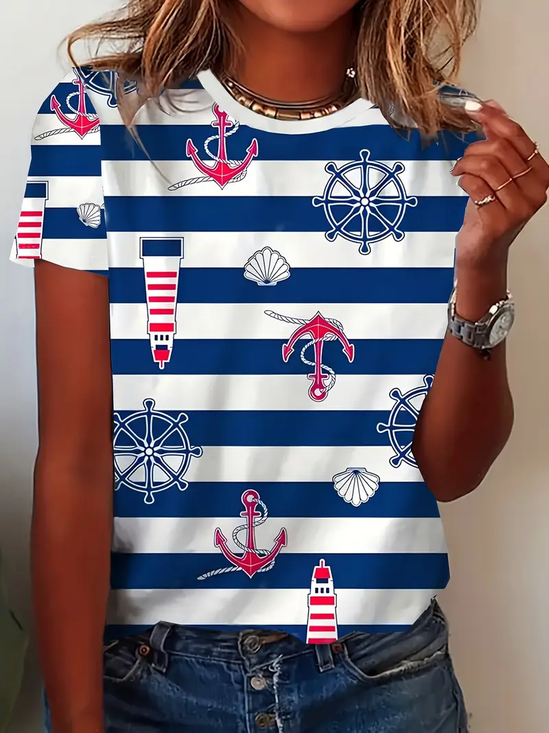 Damen Gestreift Kurzarm T-Shirts T-Shirt Rundhals Print Lässig Sommer T-Shirt mit Grafik Oberteile