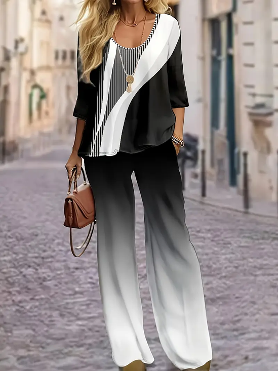 Damen Geometrisch Print Zweiteiliges Set Täglich Langarm Lässig Frühling/Herbst Bluse mit Hose Matching Set