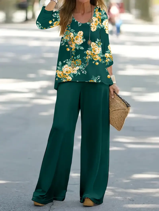 Damen Geblümt Print Zweiteiliges Set Täglich Langarm Lässig Frühling/Herbst Bluse mit Hose Matching Set