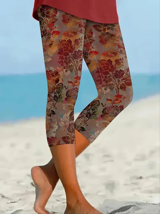 Damen Geblümt Caprihosen Elastische Taille Hose Lässig Sommer Hose