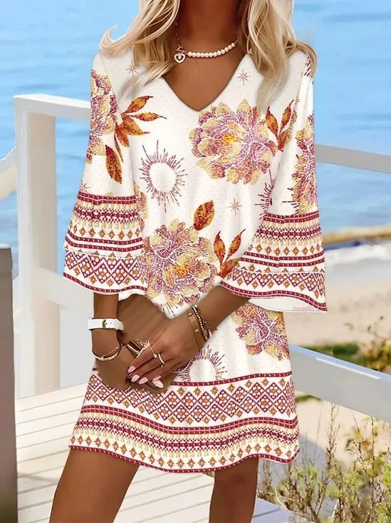 Damen Geblümt Halbarm Sommer Kleid V-Ausschnitt Täglich Böhmisch Midi Strandkleid H-Linie Kleid
