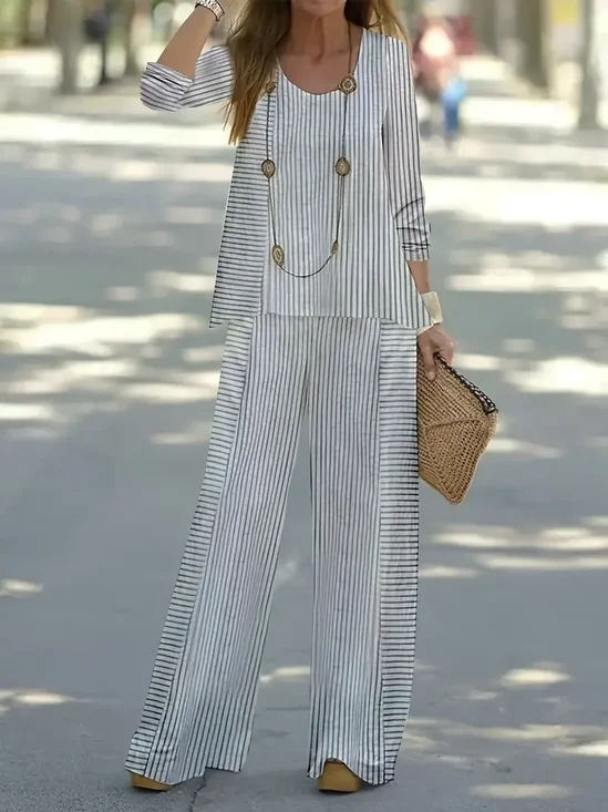 Damen Gestreift Print Zweiteiliges Set Täglich Langarm Lässig Frühling/Herbst Bluse mit Hose Matching Set
