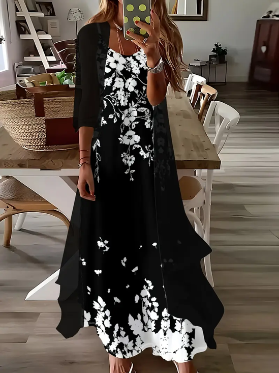 Damen Geblümt Print Zweiteiliges Set Täglich Dreiviertelärmel Lässig Frühling/Herbst Mantel mit Rock Matching Set