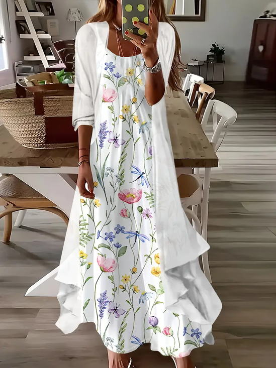 Damen Geblümt Print Zweiteiliges Set Täglich Dreiviertelärmel Lässig Frühling/Herbst Mantel mit Rock Matching Set