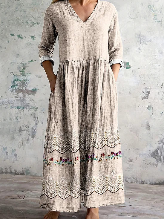 Damen Geblümt Langarm Frühling/Herbst Kleid V-Ausschnitt Täglich Lässig Maxikleid A-Linien-Kleid